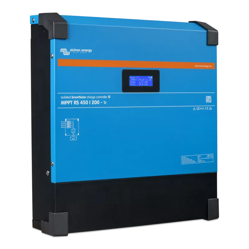 Régulateur de charge solaire - Victron Energy - MPPT SmartSolar RS-450/200-Tr de trois quart sur fond blanc Régulateur de charge solaire - Victron Energy - MPPT SmartSolar RS-450/200-Tr de trois quart sur fond blanc