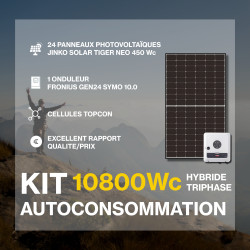 Kit solaire autoconsommation Triphasé Hybride 10.0 - 10800Wc - Cellules TOPCon