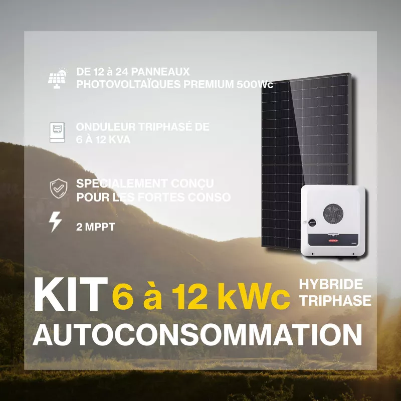 Kit solaire autoconsommation HYBRIDE TRIPHASE XL 6 à 12kWc - Onduleur FRONIUS et panneaux Biverre Biface