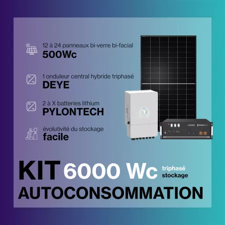 Kit solaire HYBRIDE autoconsommation TRIPHASE XL 6 à 12kWc - Onduleur DEYE et panneaux Biverre Biface