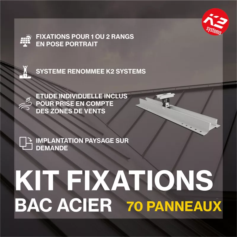 Fixations toitures bac acier - K2 Systems - Kit pour 70 panneaux (portrait ou paysage) Fixations toitures bac acier - K2 Systems - Kit pour 70 panneaux (portrait ou paysage)