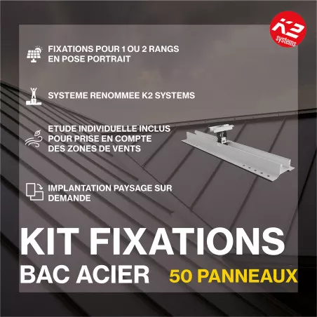 Fixations toitures bac acier - K2 Systems - Kit pour 50 panneaux (portrait ou paysage)