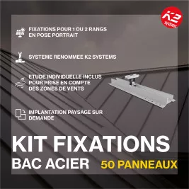 Fixations toitures bac acier - K2 Systems - Kit pour 50 panneaux (portrait ou paysage)