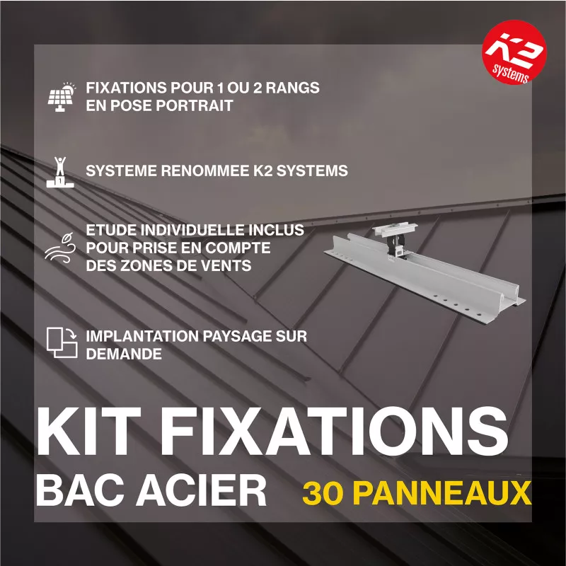 Fixations toitures bac acier - K2 Systems - Kit pour 30 panneaux (portrait ou paysage) Fixations toitures bac acier - K2 Systems - Kit pour 30 panneaux (portrait ou paysage)