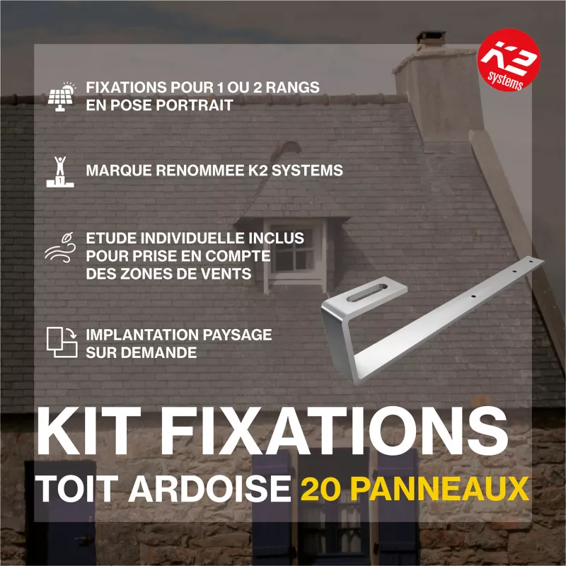 Fixations toiture ardoises - K2 Systems - Kit pour 20 panneaux (portrait) Fixations toiture ardoises - K2 Systems - Kit pour 20 panneaux (portrait)
